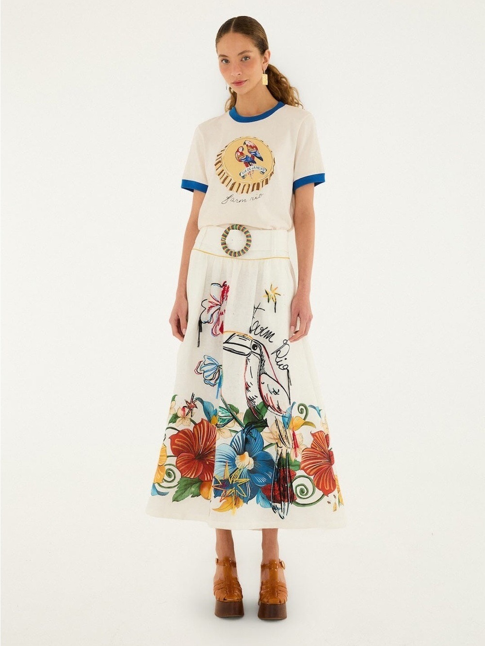 Farm Rio Off-White Tropi Embroidered Maxi Skirt